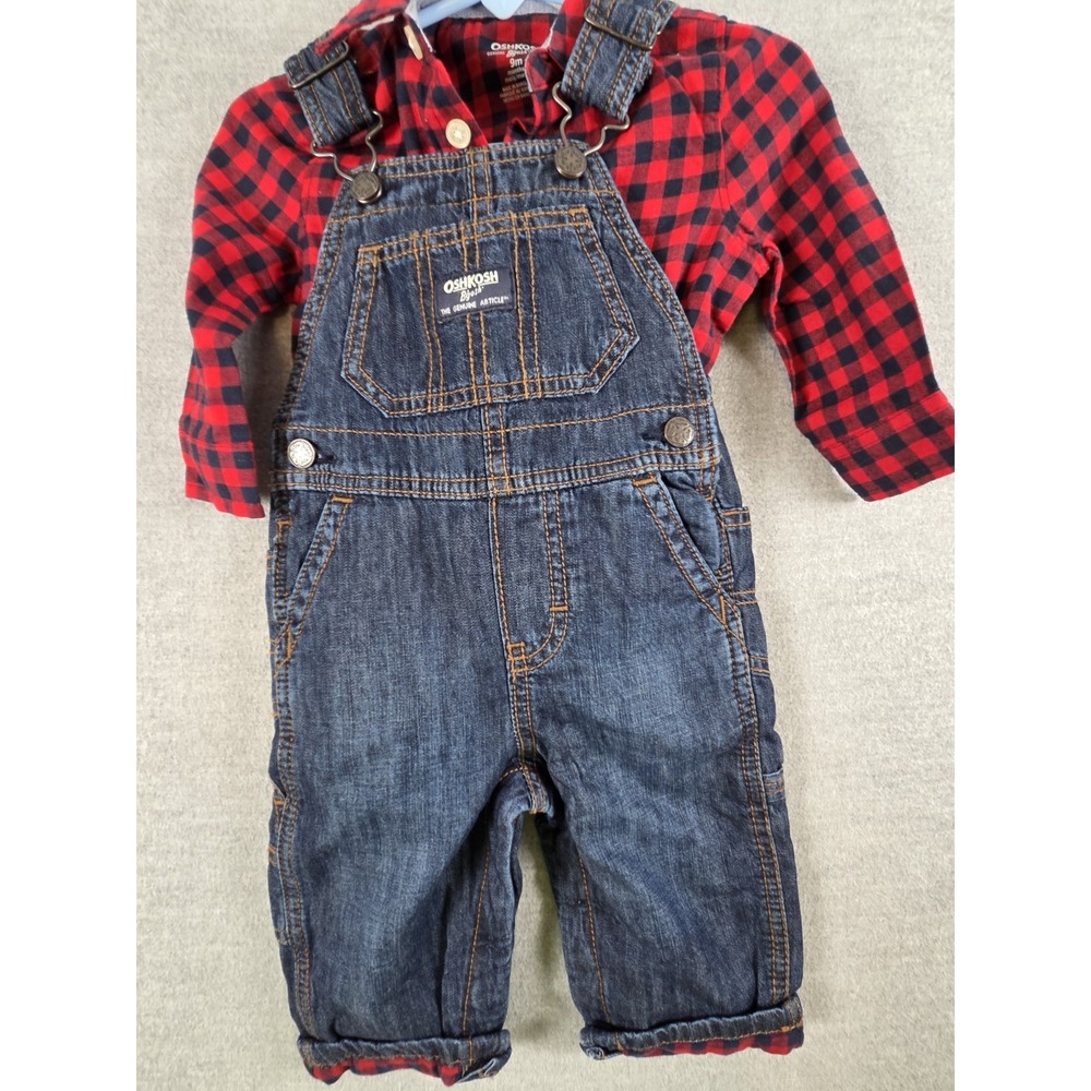 Oshkosh B'Gosh Boys 9M Overall Bodysuit Set Red Buffalo Plaid Lumberjack Lined